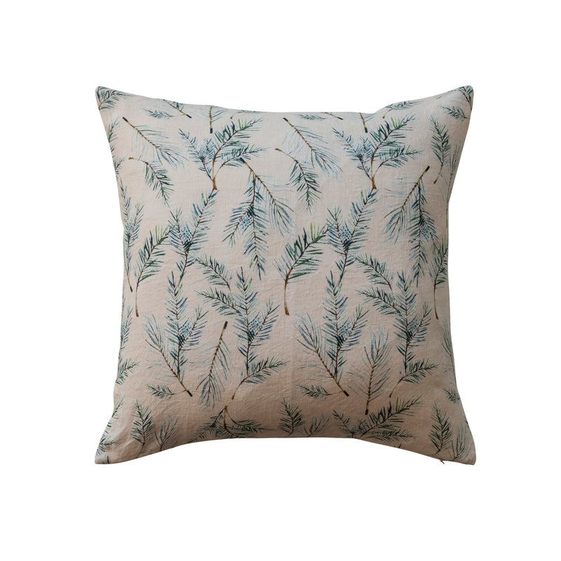 Square Linen & Cotton Printed Pillow with Pine Bough Pattern