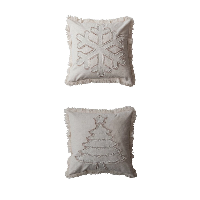 Square Woven Cotton & Linen Pillow w/ Fringe, 2 Styles