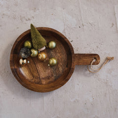 Carved Mango Wood Bowl w/ Handle & Jute Tie, Natural