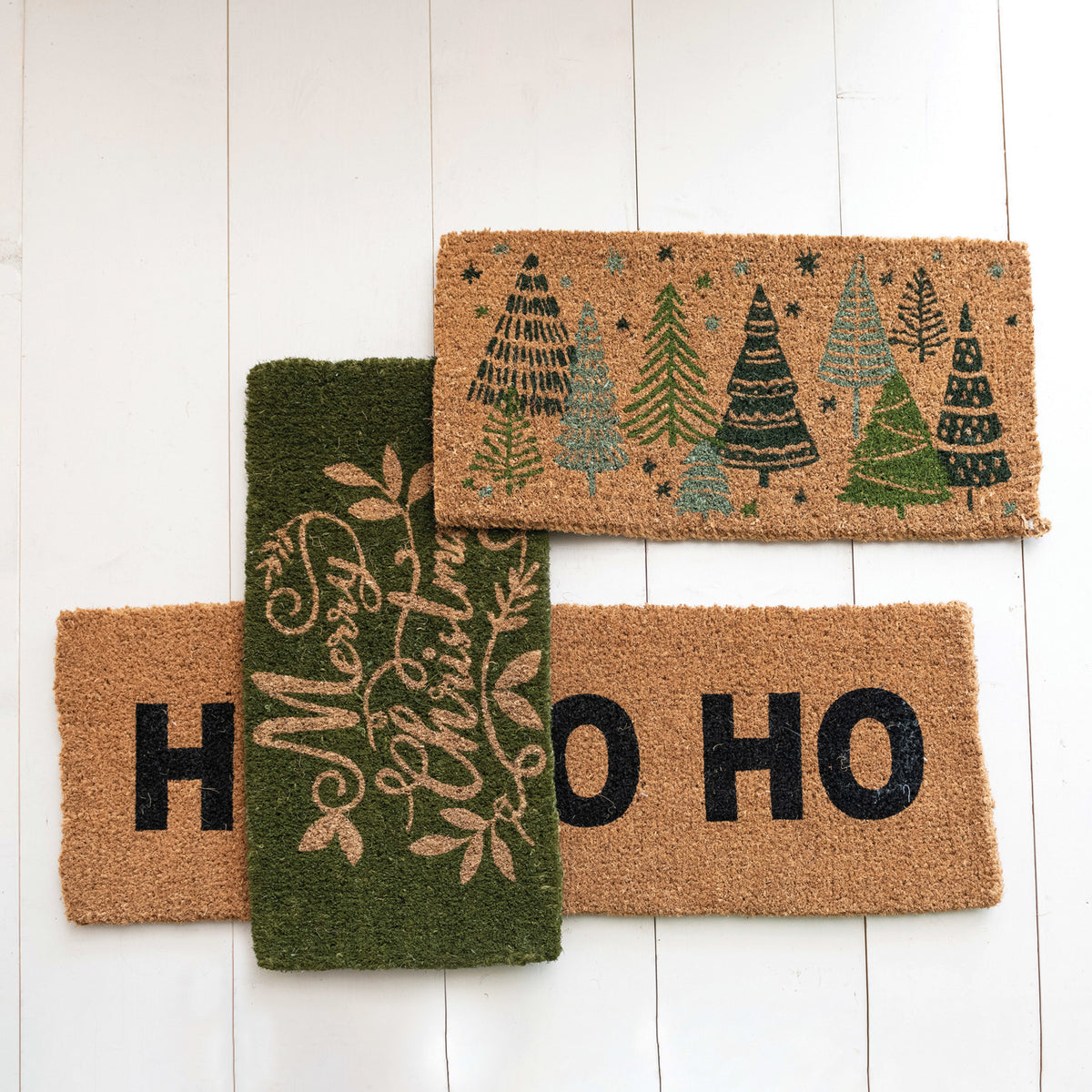Natural Coir Doormat w/ Christmas Trees &amp; Stars, Green &amp; Black