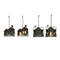Wood Cabin Ornament w/ LED Light, 2 Styles