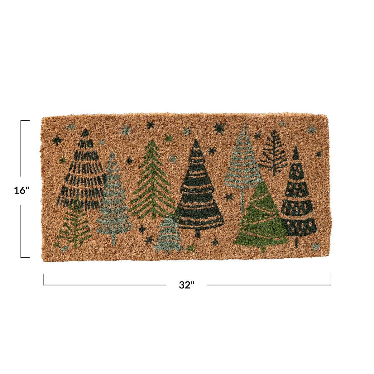 Natural Coir Doormat w/ Christmas Trees &amp; Stars, Green &amp; Black