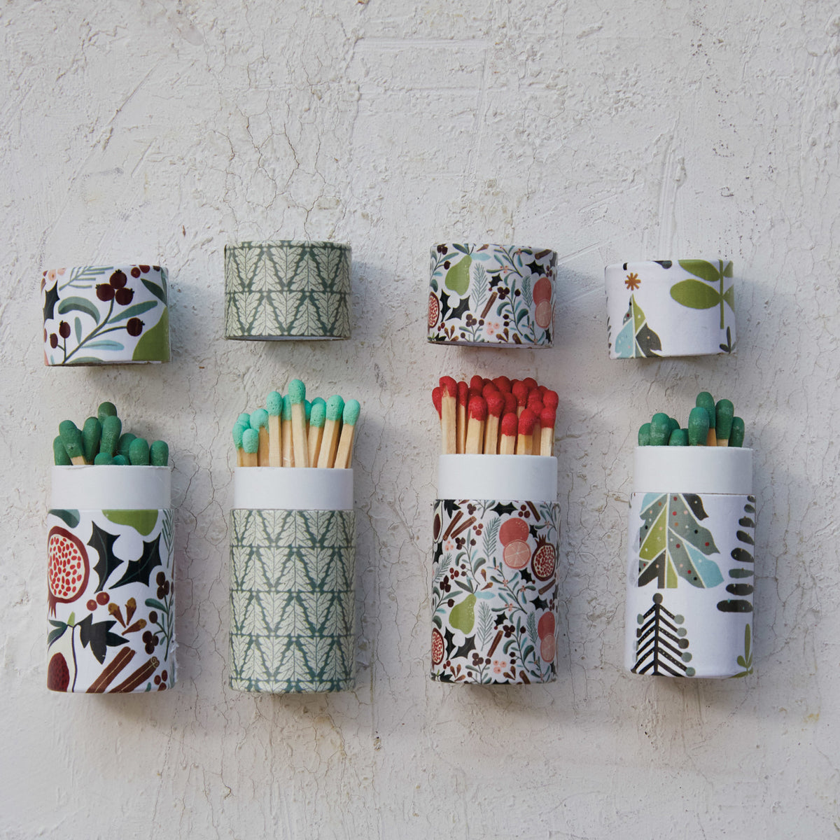 Safety Matches in Tube Matchbox w/ Seasonal Pattern, 4 Styles