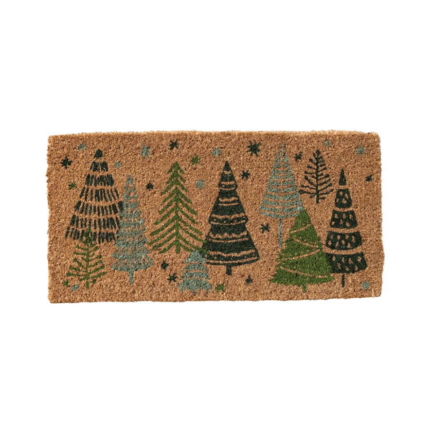 Natural Coir Doormat w/ Christmas Trees &amp; Stars, Green &amp; Black