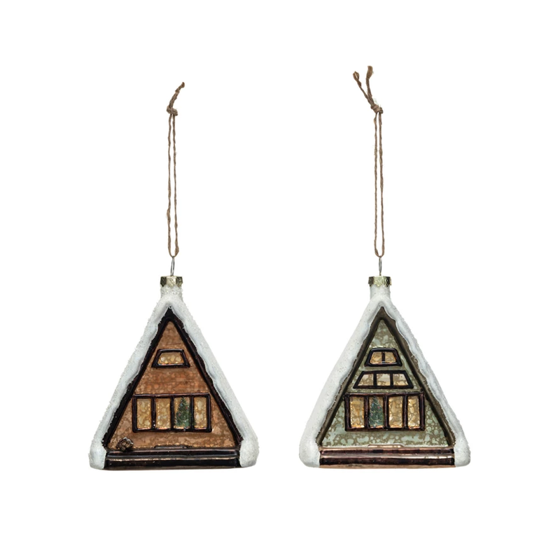 Glass A-Frame Cabin w/ Tree in Window Ornament
