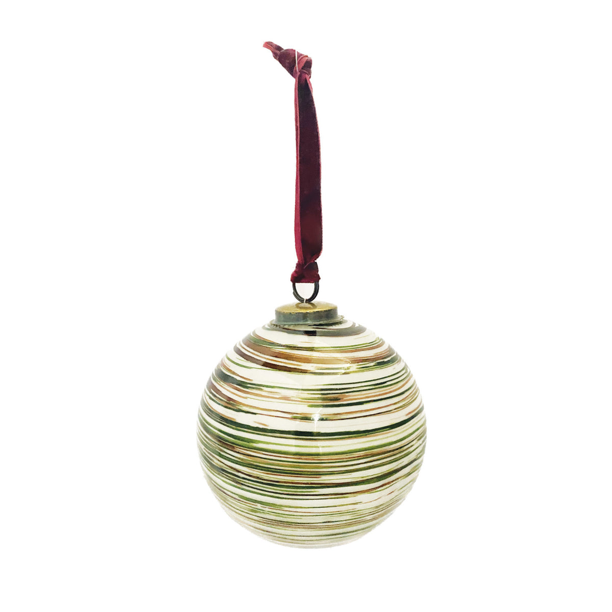 Glass Ball Ornament with Stripes &amp; Velvet Ribbon Hanger