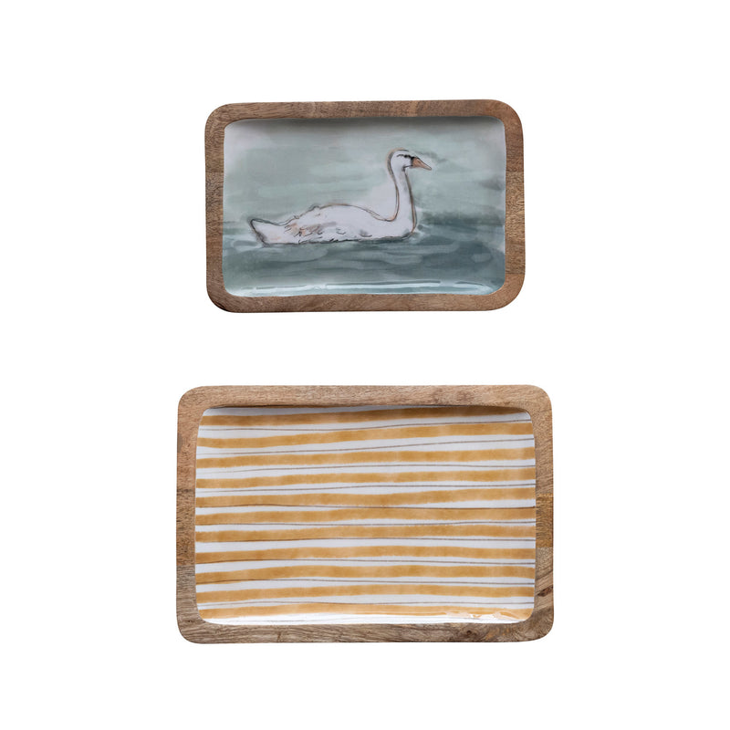 Enameled Mango Wood Trays with Stripes/Swan