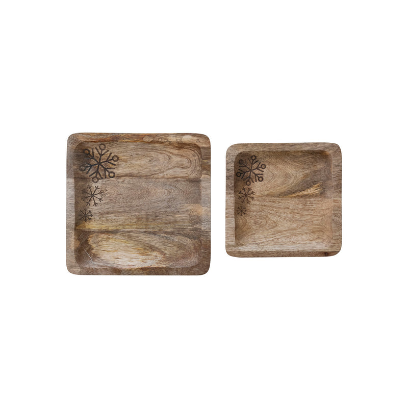 Mango Wood Trays w/ Laser Etched Snowflakes, 2 Sizes