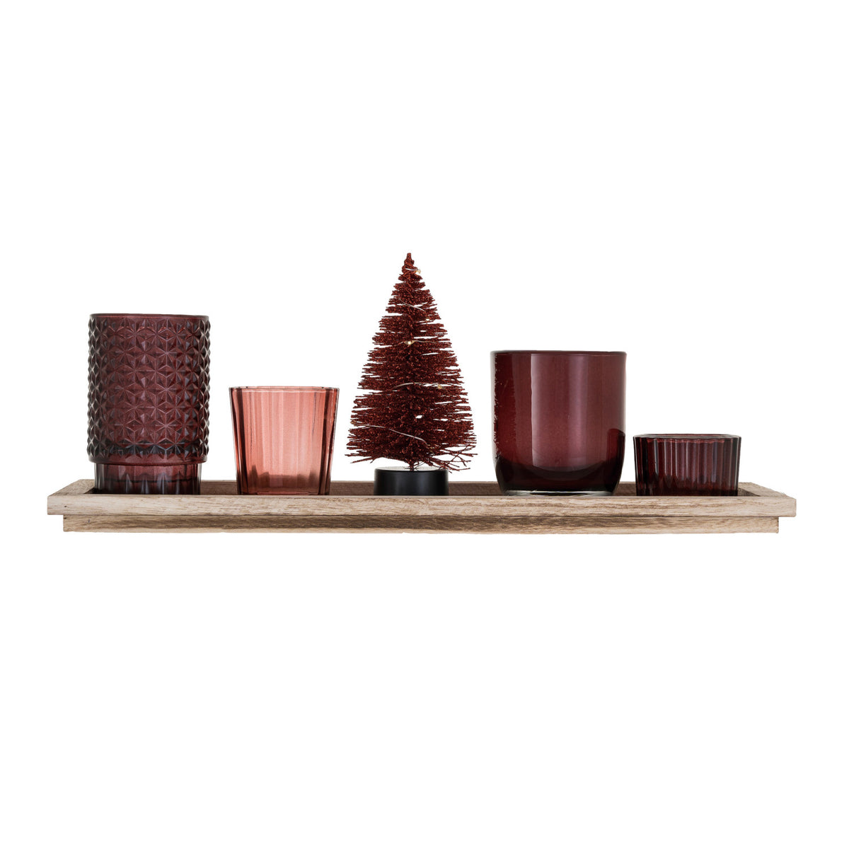 Wood Tray w/ Glass Tealight Holders&amp; LED Bottle Brush Tree