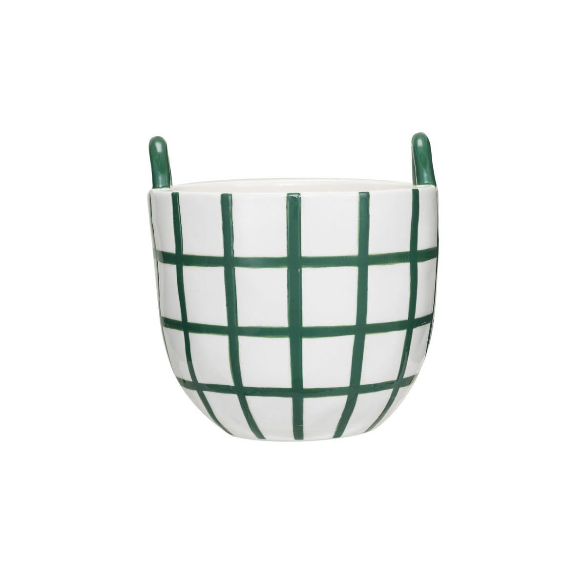 Hand-Painted Stoneware Container w/ Grid Pattern &amp; Handles