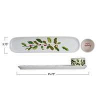 Stoneware Platter &amp; Dish w/ Holly Leaves &amp; Berries "Happy Holidays" Set
