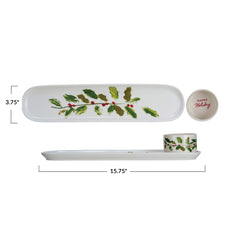 Stoneware Platter & Dish w/ Holly Leaves & Berries "Happy Holidays" Set