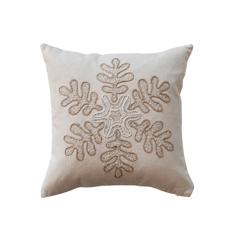 Square Cotton Canvas Pillow w/ Embroidered Snowflake