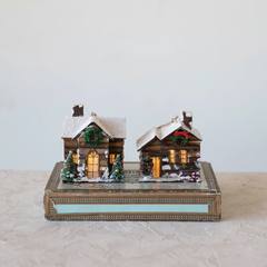 Wood Cabin Ornament w/ LED Light, 2 Styles