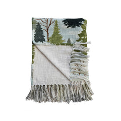 Cotton Slub Printed Throw w/ Trees Pattern & Fringe