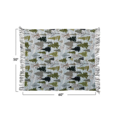 Cotton Slub Printed Throw w/ Trees Pattern & Fringe