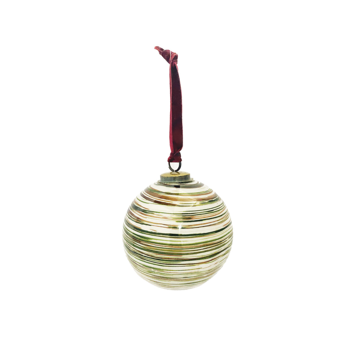 Glass Ball Ornament with Stripes &amp; Velvet Ribbon Hanger