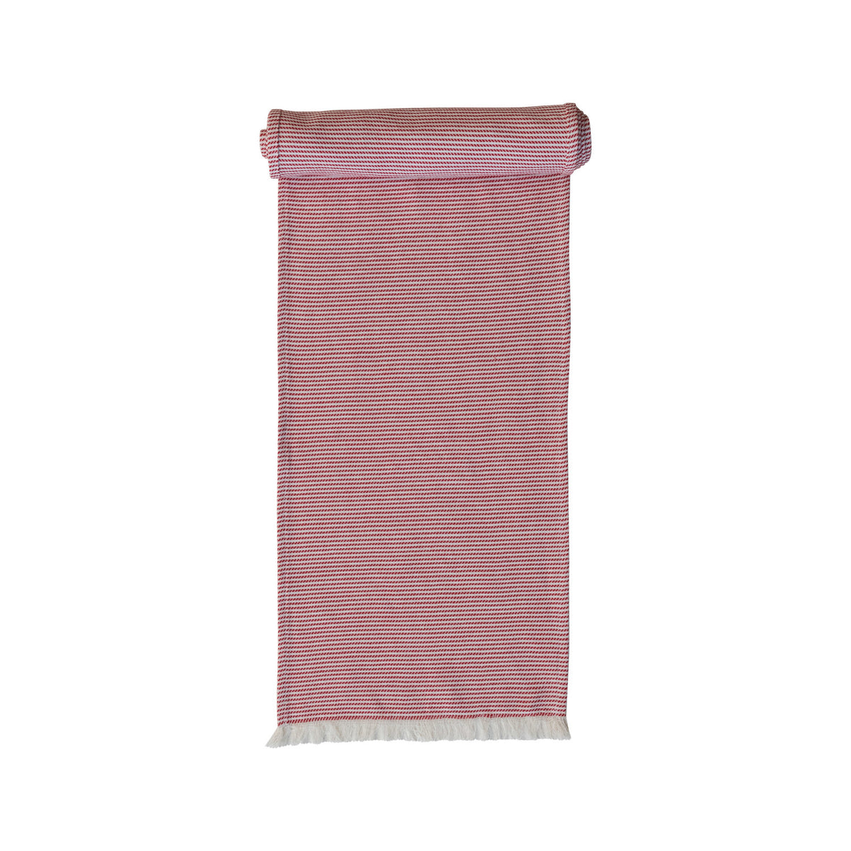 Woven Cotton Table Runner w/ Stripes &amp; Fringe, Red &amp; White