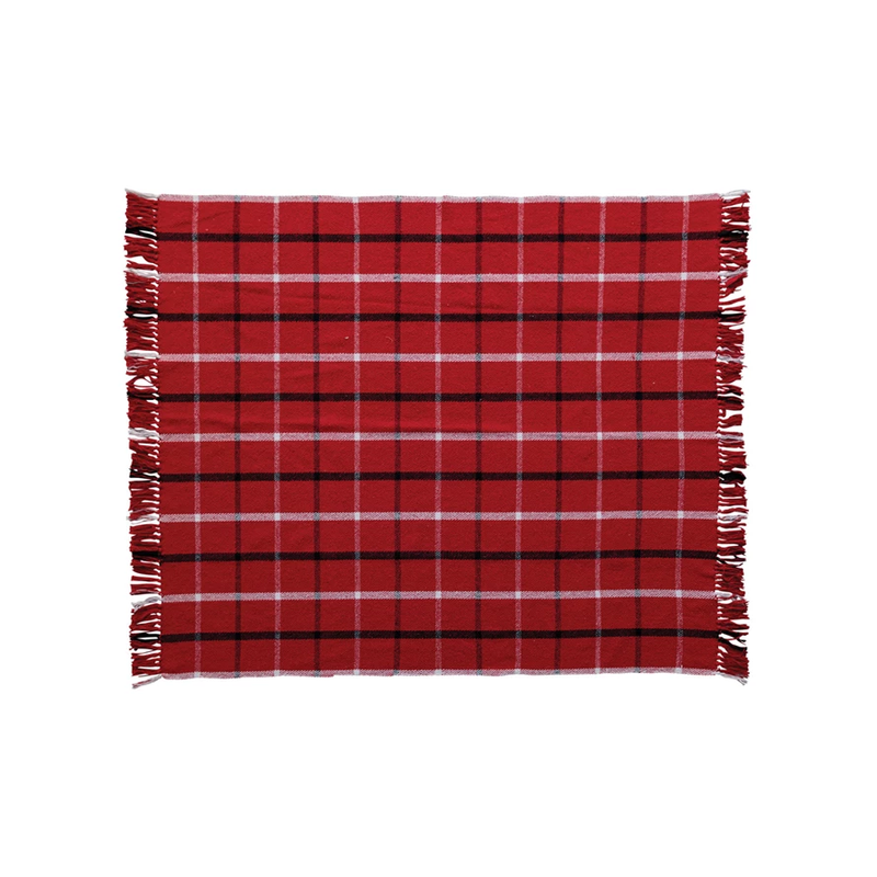 Brushed Cotton Blend Flannel Throw w/ Grid Pattern & Fringe, Red, White & Black
