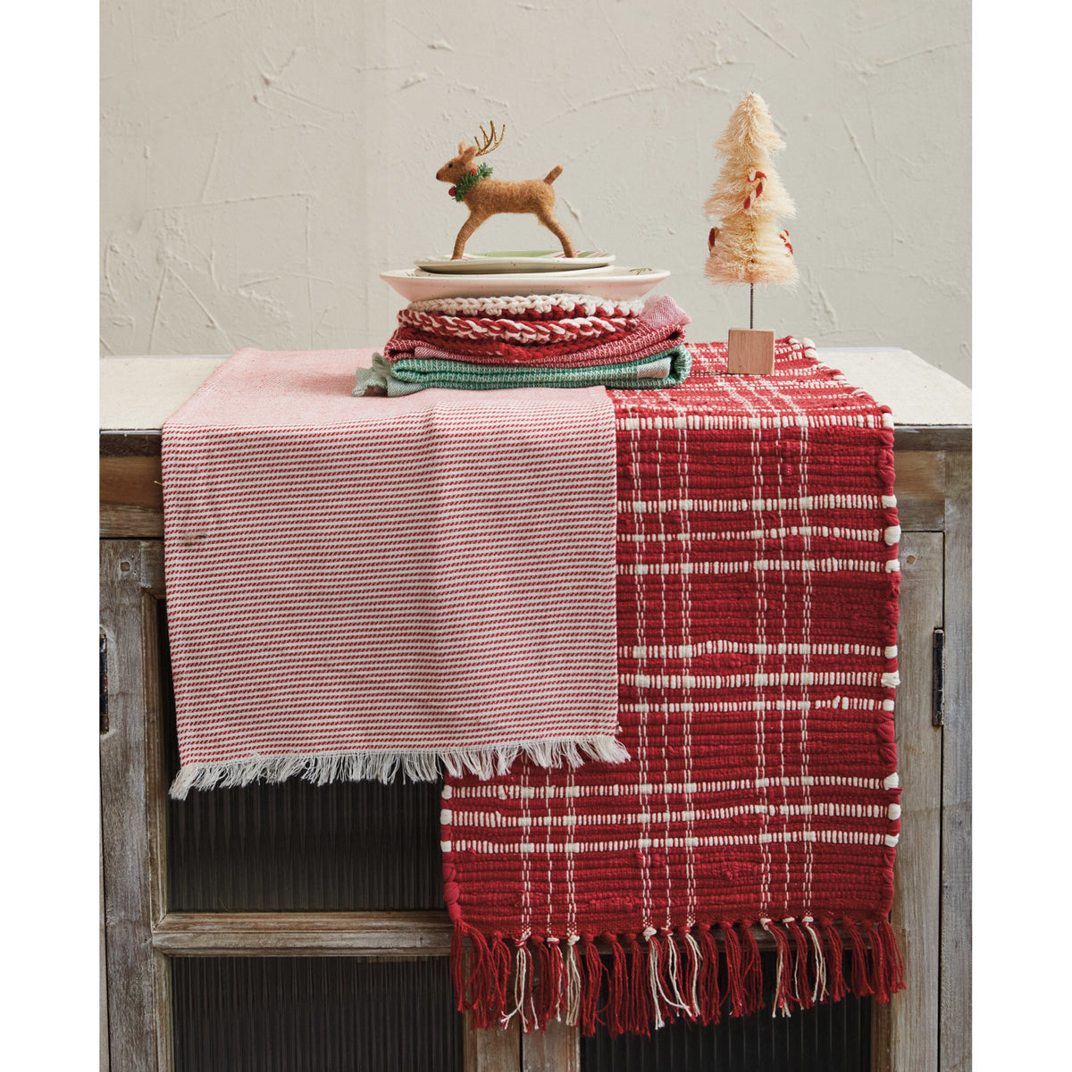 Woven Cotton Table Runner w/ Stripes &amp; Fringe, Red &amp; White