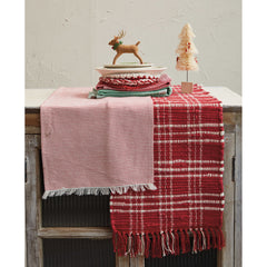 Woven Cotton Table Runner w/ Stripes & Fringe, Red & White