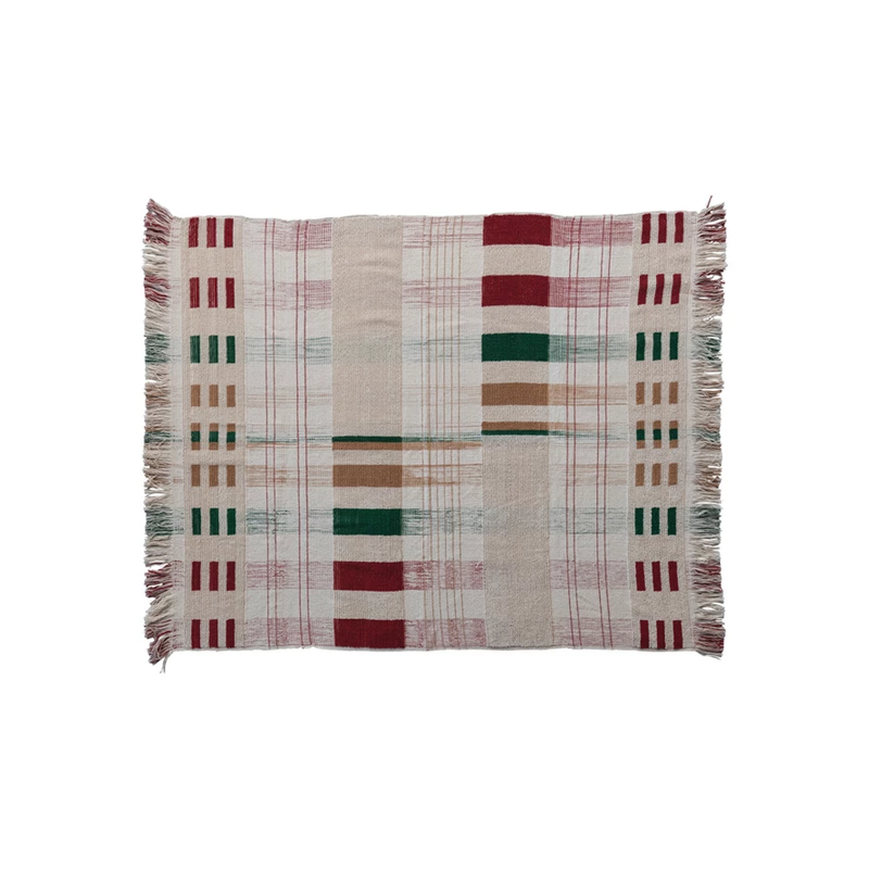 Textured Woven Cotton Throw w/ Fringe, Multi Color Plaid