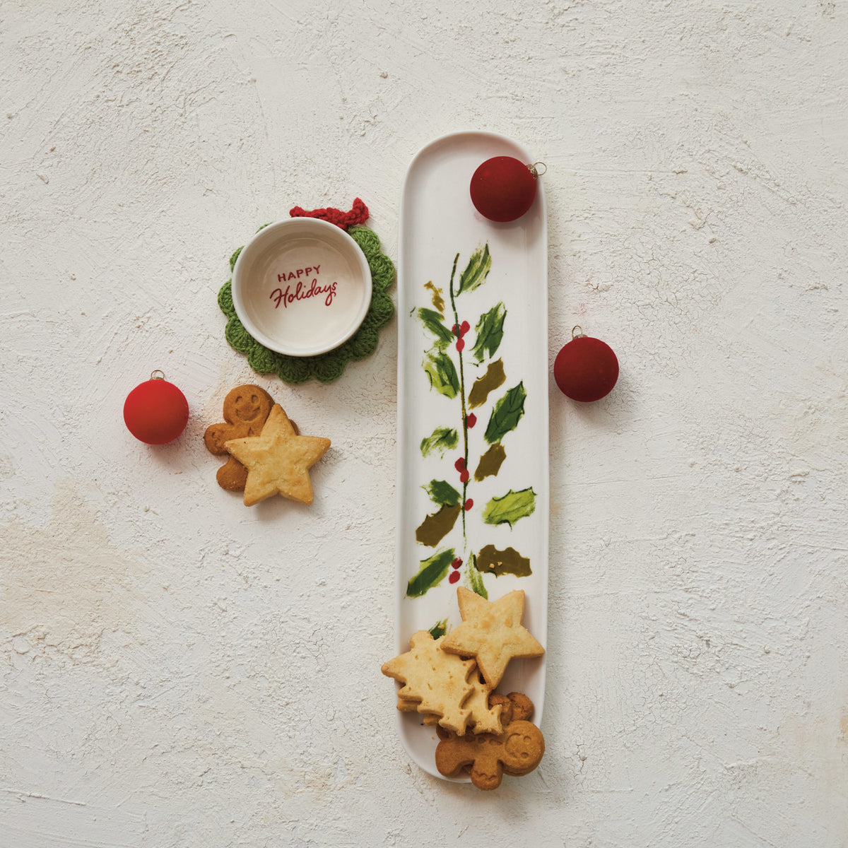 Stoneware Platter &amp; Dish w/ Holly Leaves &amp; Berries "Happy Holidays" Set