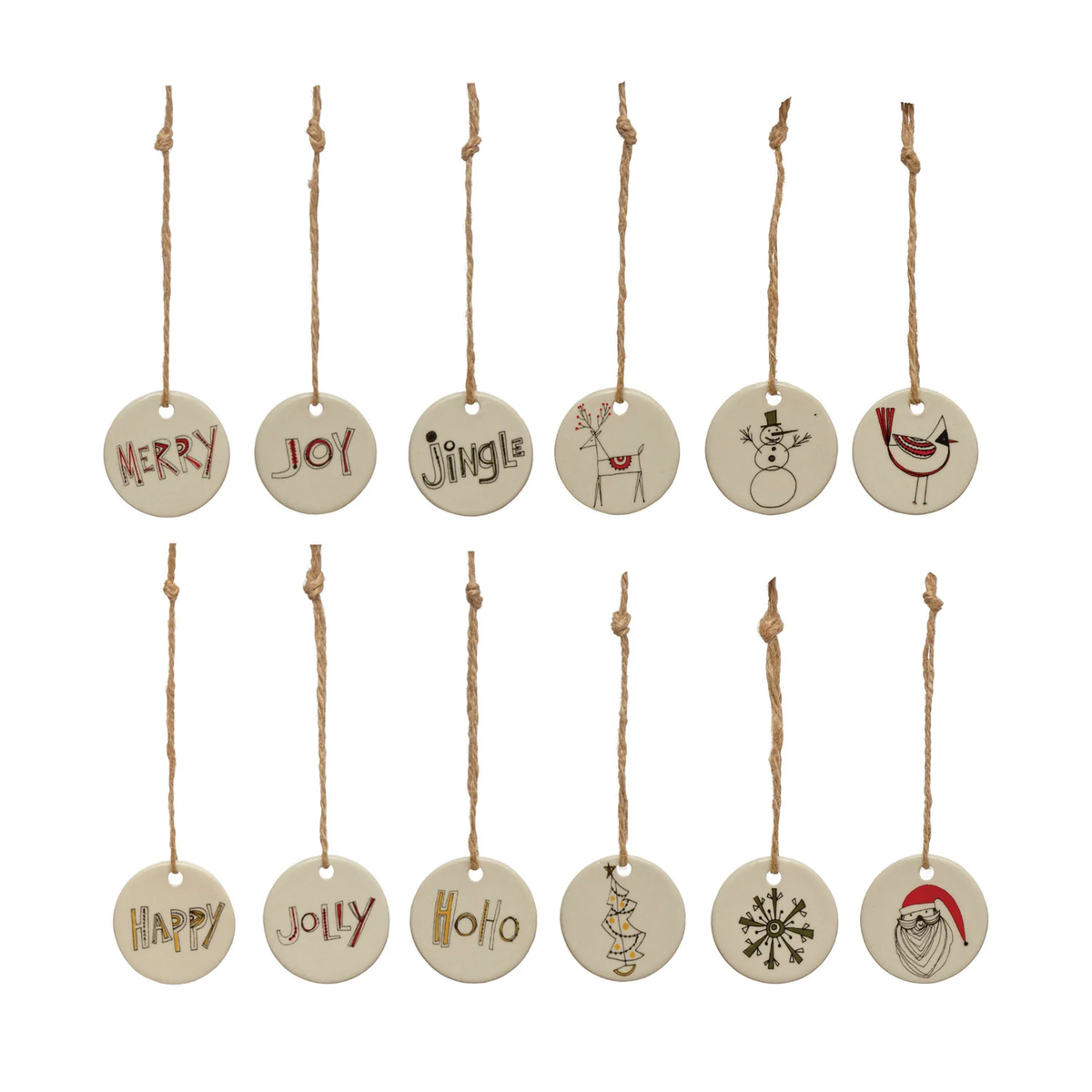 1-3/4" Round Stoneware Tag Ornament with Holiday Image/Word, Multi Color, 12 Styles