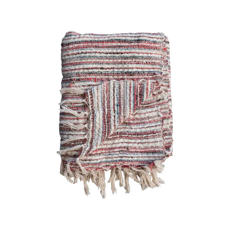 Woven Cotton & Wool Throw w/ Stripes & Fringe, Multi Color