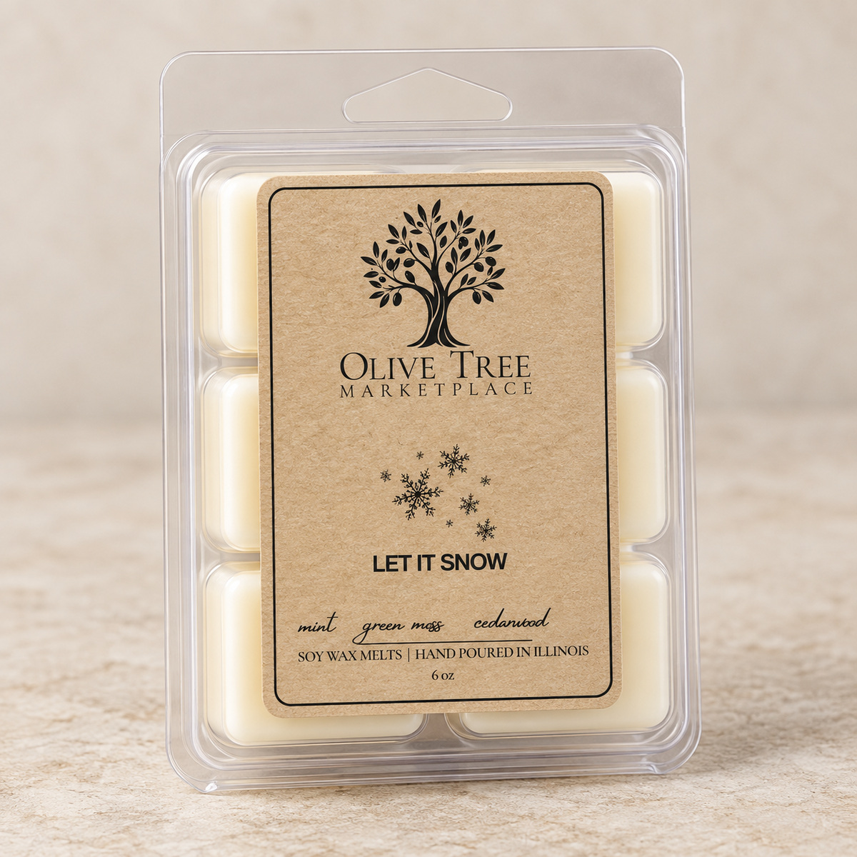 Let It Snow 6 oz wax melt in clear clamshell