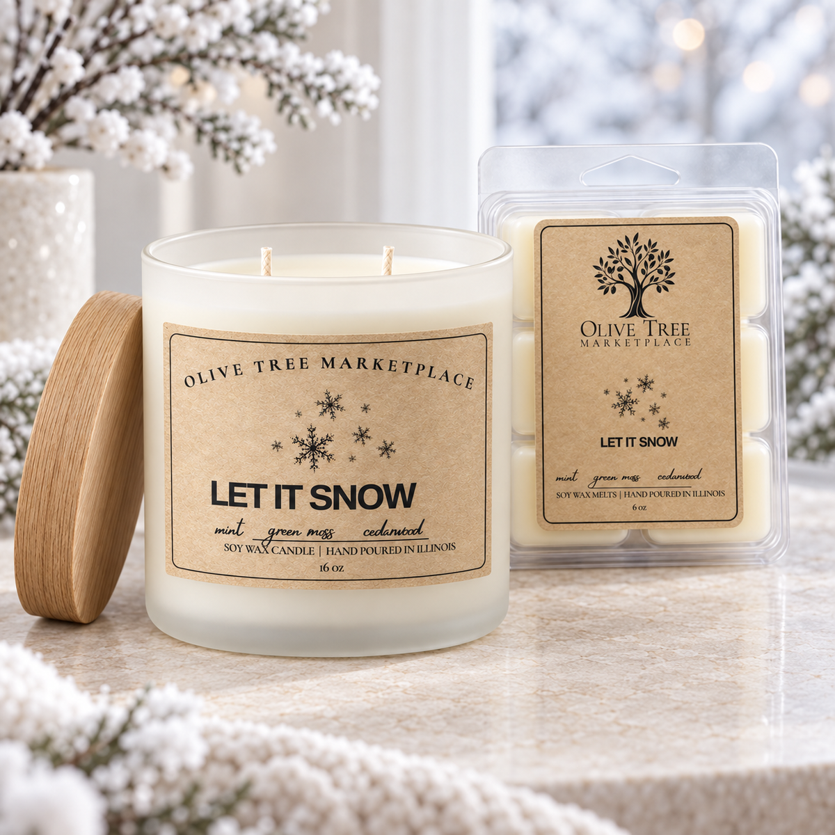 Let It Snow candle and coordinating wax melt lifestyle image