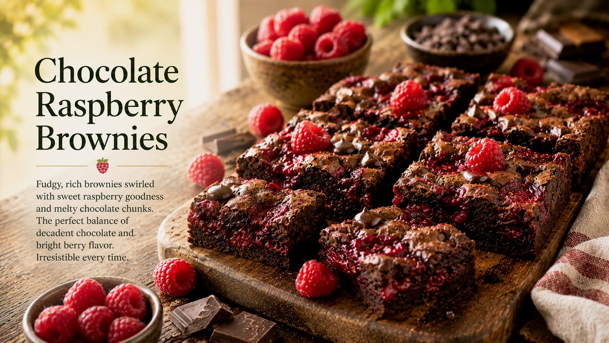 Olive Tree Marketplace recipe — Chocolate raspberry brownies — fudgy brownies swirled with raspberry, cut into squares on a wooden board