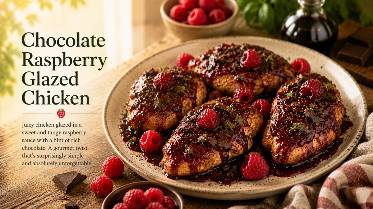Olive Tree Marketplace recipe — Chocolate raspberry glazed chicken — glazed chicken thighs with fresh raspberries and a dark balsamic sauce