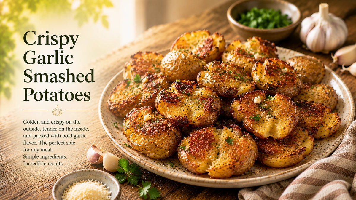 Olive Tree Marketplace recipe — Crispy garlic smashed potatoes — golden smashed potatoes with garlic and herbs on a serving plate