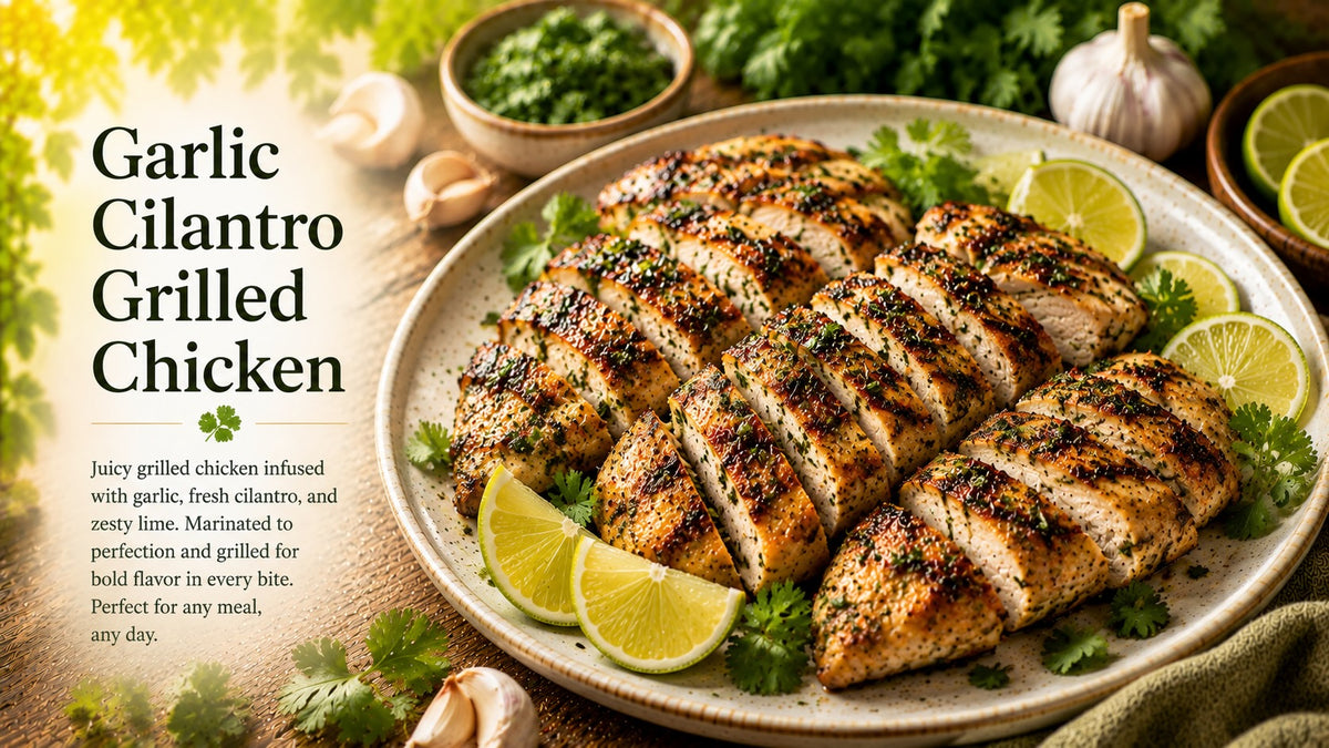 Olive Tree Marketplace recipe — Garlic cilantro grilled chicken — griddled chicken breasts with coriander, lime and fresh herbs