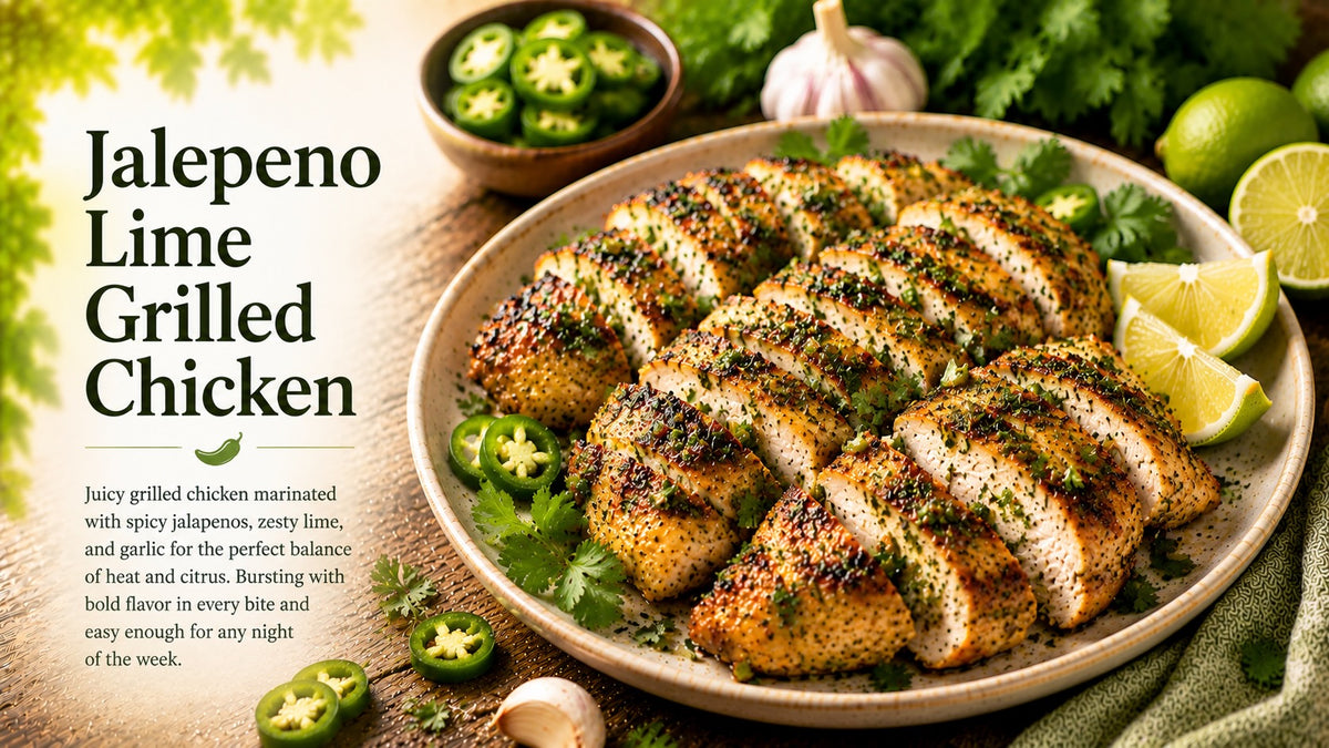 Olive Tree Marketplace recipe — Jalapeño lime grilled chicken — sliced grilled chicken with jalapeño, coriander and lime