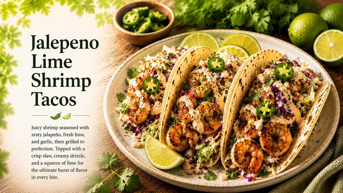 Olive Tree Marketplace recipe — Jalapeño lime shrimp tacos — soft tacos filled with shrimp, slaw, jalapeño and lime