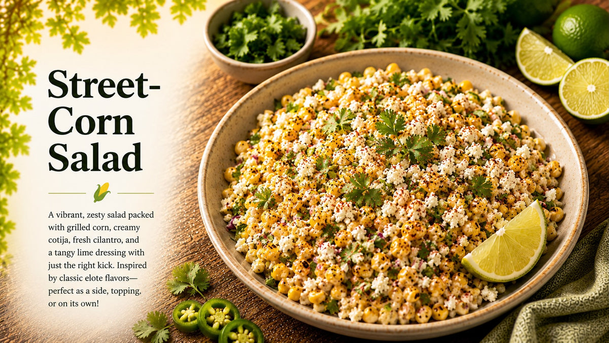 Olive Tree Marketplace recipe — Street-corn salad — a bowl of charred corn salad with cotija, coriander, chilli and lime