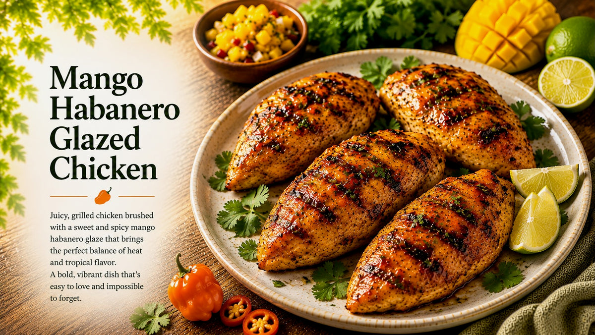 Olive Tree Marketplace recipe — Mango habanero glazed chicken — glazed grilled chicken breasts with mango, chilli and lime