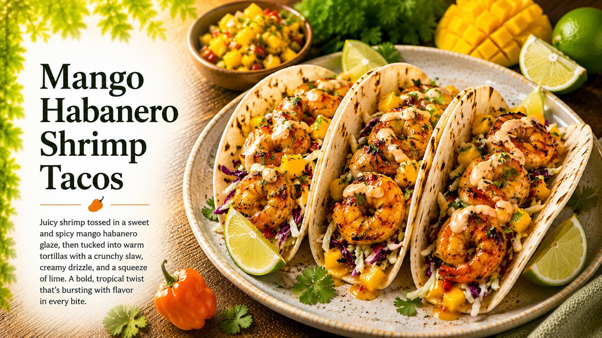 Olive Tree Marketplace recipe — Mango habanero shrimp tacos — soft tacos filled with shrimp, mango salsa, slaw and lime