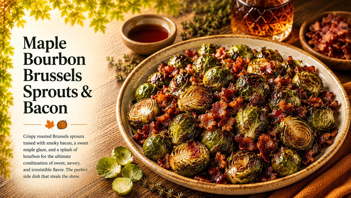 Olive Tree Marketplace recipe — Maple bourbon Brussels sprouts and bacon — roasted sprouts with bacon and a maple bourbon glaze