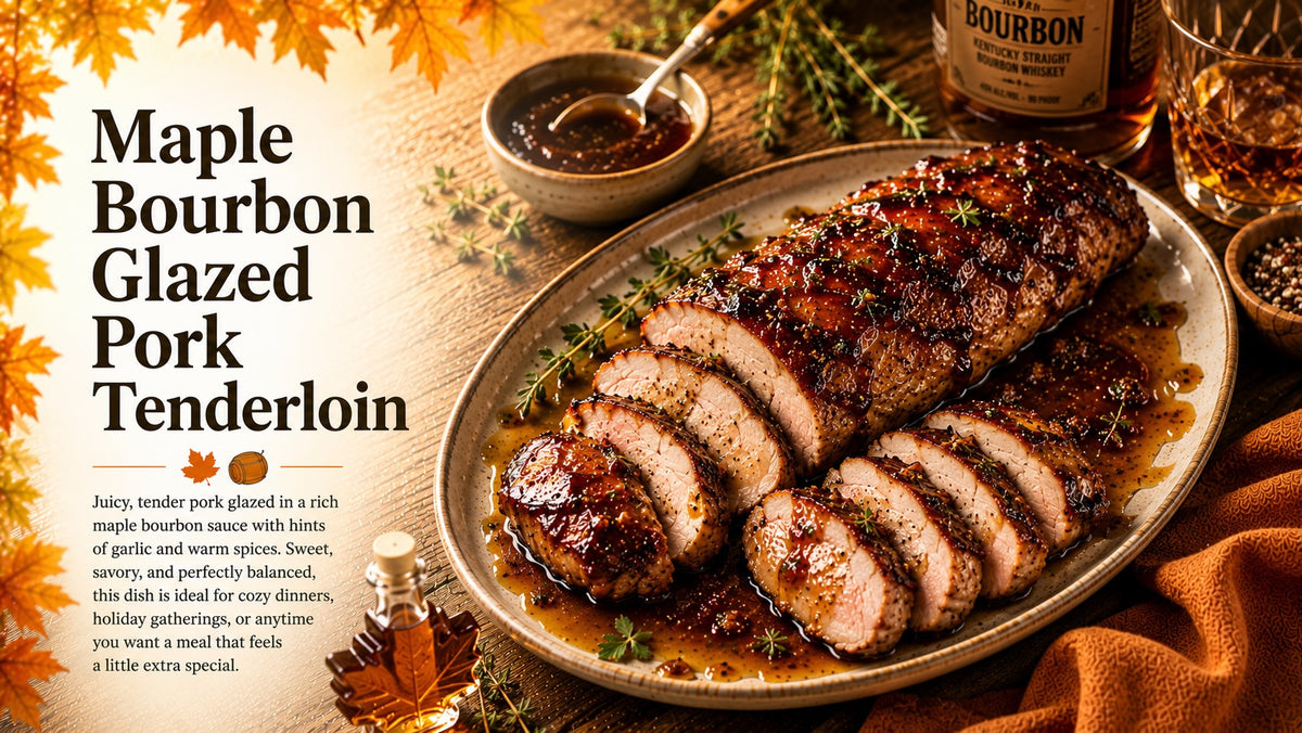 Olive Tree Marketplace recipe — Maple bourbon glazed pork tenderloin — sliced glazed pork tenderloin on a wooden board with herbs