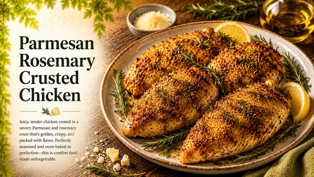 Olive Tree Marketplace recipe — Parmesan rosemary crusted chicken — golden crusted chicken breasts with rosemary and lemon