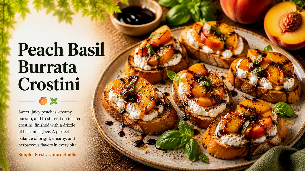 Olive Tree Marketplace recipe — Peach basil burrata crostini — toasted bread topped with burrata, roasted peaches, basil and balsamic