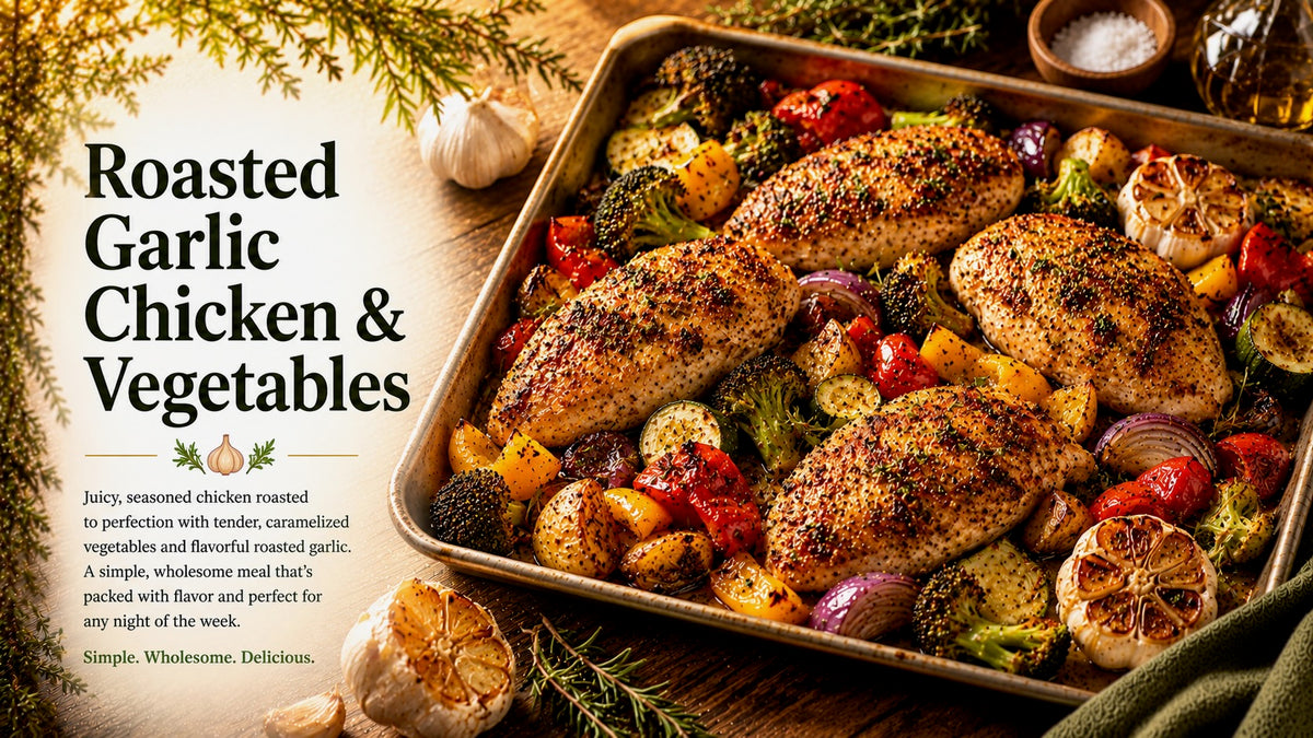 Olive Tree Marketplace recipe — Roasted garlic chicken and vegetables — herb-roasted chicken breasts with peppers, broccoli and carrots on a tray