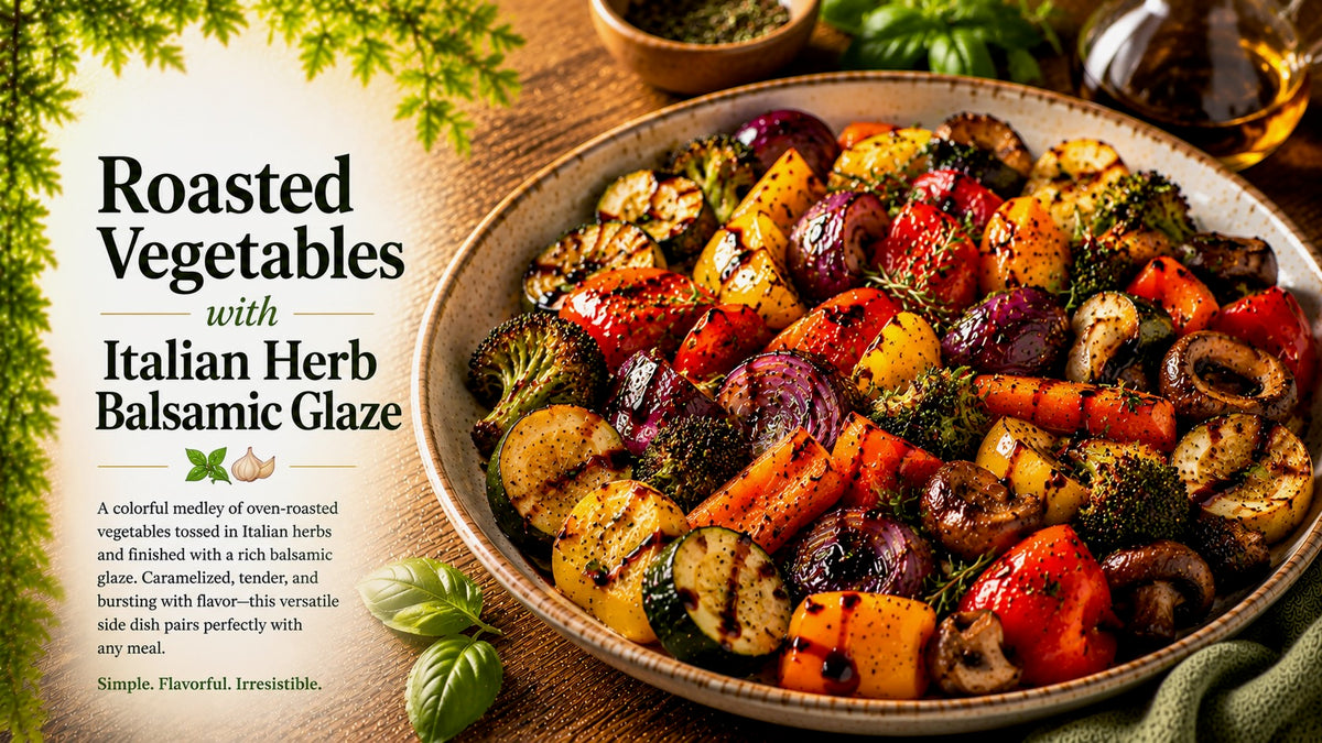 Olive Tree Marketplace recipe — Roasted vegetables with Italian herb balsamic glaze — a bowl of roasted peppers, courgette, carrot and broccoli finished with balsamic