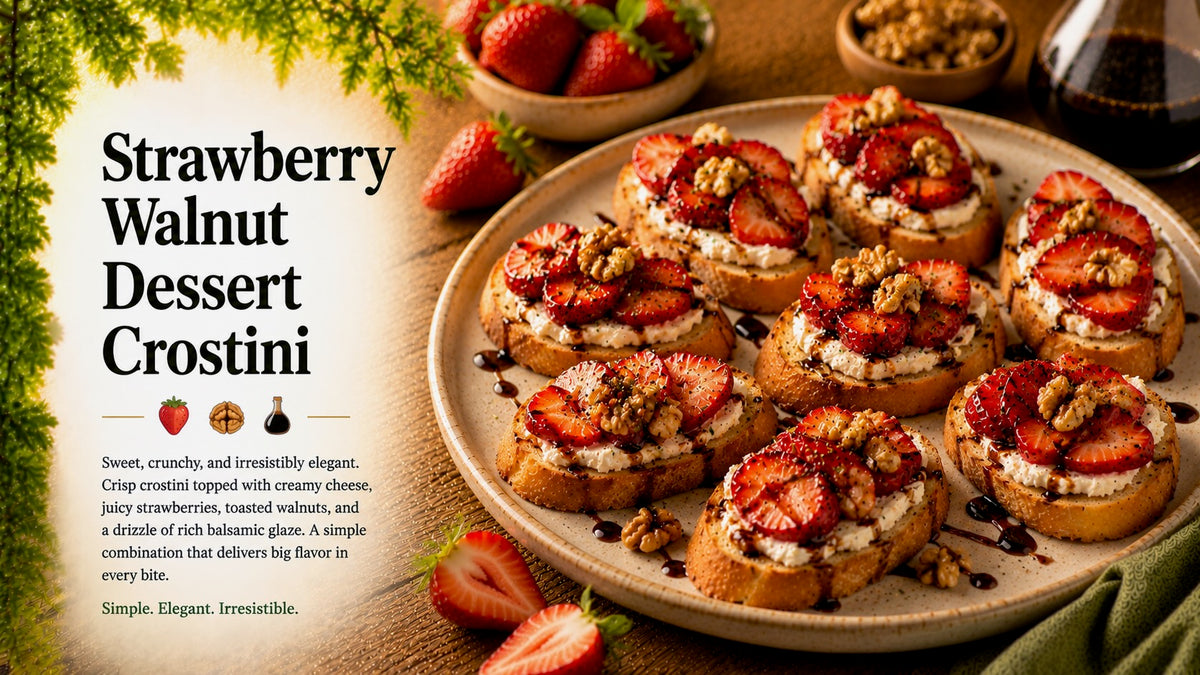 Olive Tree Marketplace recipe — Strawberry walnut dessert crostini — toasted bread topped with cream cheese, sliced strawberries, walnuts and a balsamic drizzle