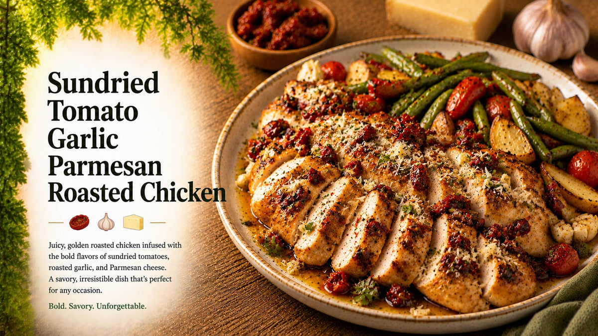 Olive Tree Marketplace recipe — Sundried tomato garlic parmesan roasted chicken — roasted chicken pieces with sundried tomatoes, green beans and parmesan
