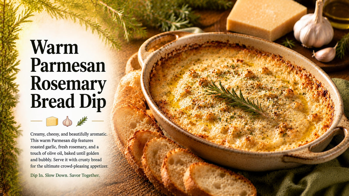 Olive Tree Marketplace recipe — Warm parmesan rosemary bread dip — a bubbling baked cheese dip with rosemary, served with crusty bread