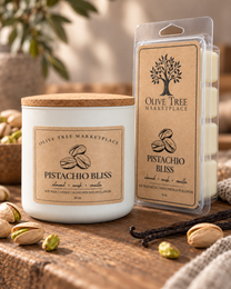 Pistachio Bliss Simply Elegant candle and wax melt packaging detail